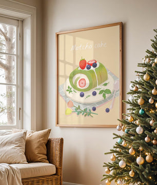 Illustration of a Matcha Roll Cake with Fresh Berries on Pastel Background - Mi tienda