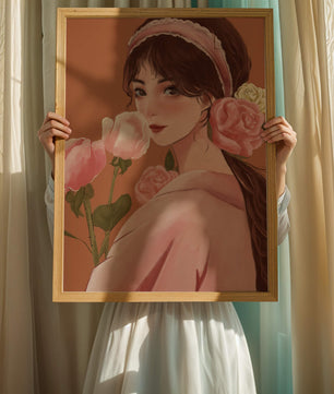 Mujer joven con flores en el pelo y sosteniendo un ramo