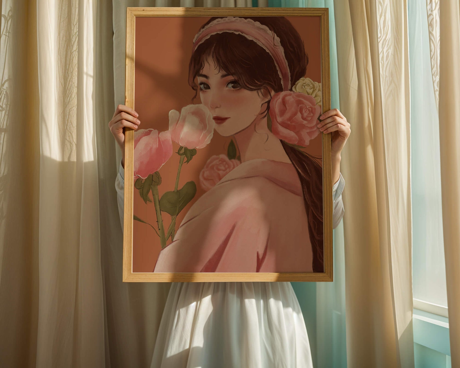 Young woman with flowers in her hair and holding a bouquet