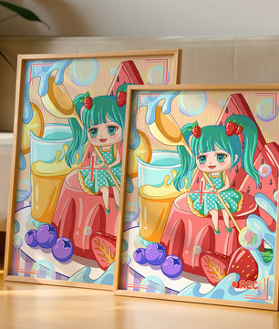 Scène de dessert fantaisiste avec un personnage mignon et des couleurs vives
