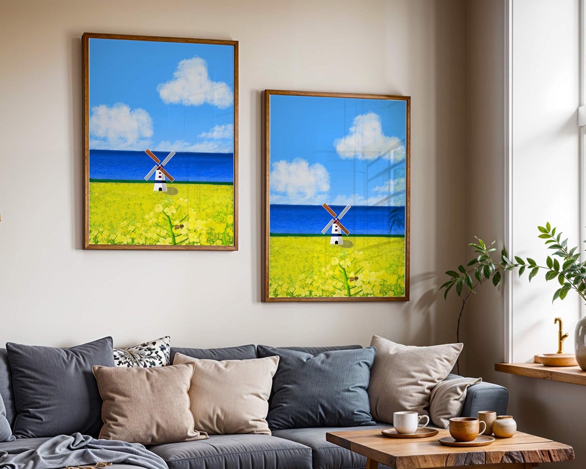 Scenic landscape with windmill in blooming field by the sea