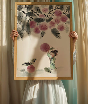 Ilustración encantadora de un niño con ropa tradicional, bayas vibrantes y hojas exuberantes
