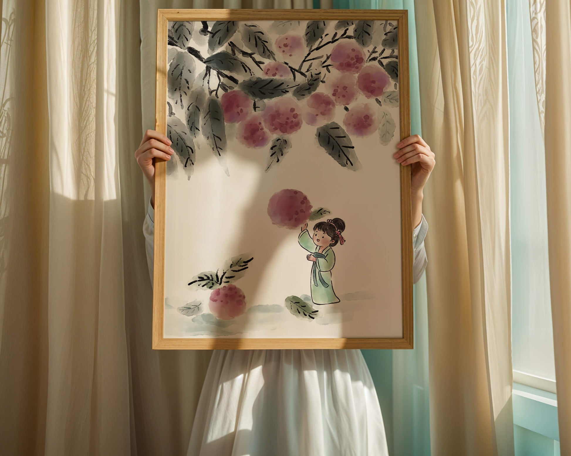 Ilustración encantadora de un niño con ropa tradicional, bayas vibrantes y hojas exuberantes