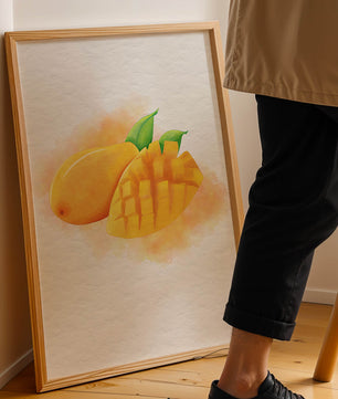 Watercolor depiction of a ripe mango with leaves on textured background