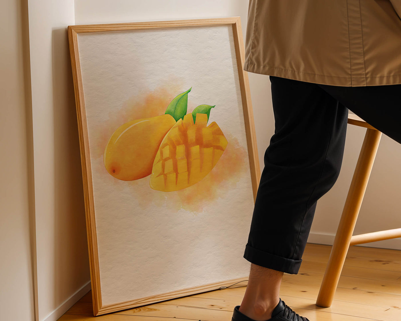 Watercolor depiction of a ripe mango with leaves on textured background