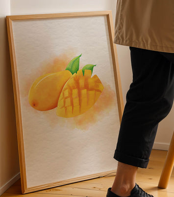 Watercolor depiction of a ripe mango with leaves on textured background
