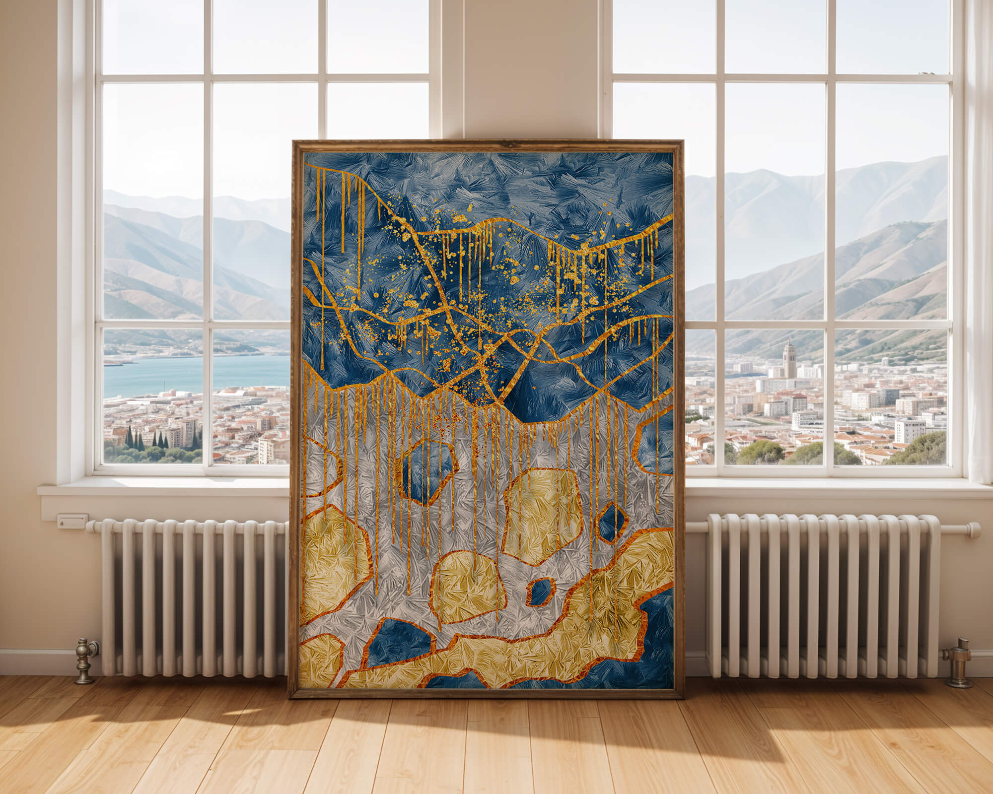 Abstract gold and blue textured art with dynamic splashes of color
