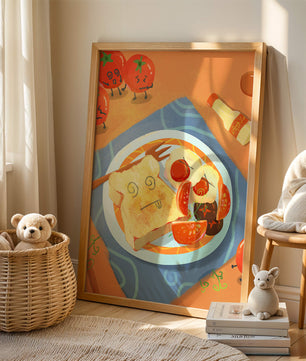 Whimsical Breakfast with Animated Tomatoes and Toast on a Bright Plate