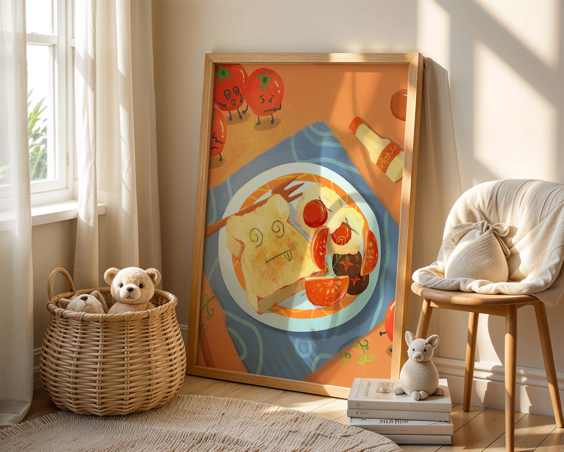 Desayuno caprichoso con tomates animados y tostadas en un plato brillante