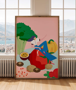 Ilustración de una mujer rodeada de vegetales y frutas vibrantes