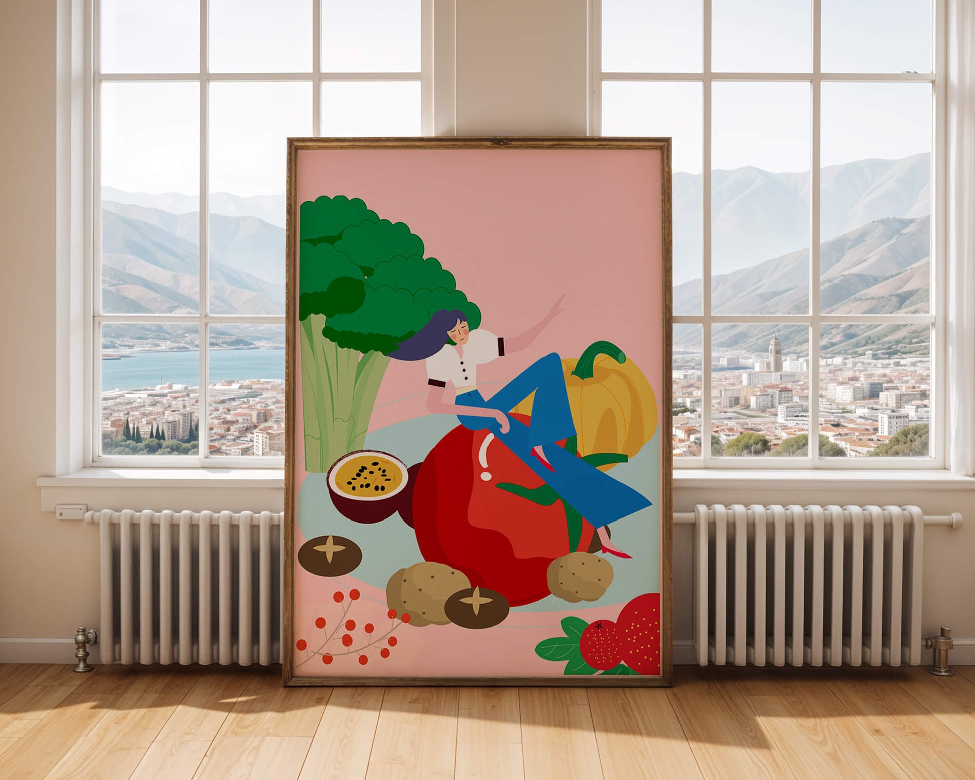 Ilustración de una mujer rodeada de verduras y frutas vibrantes.