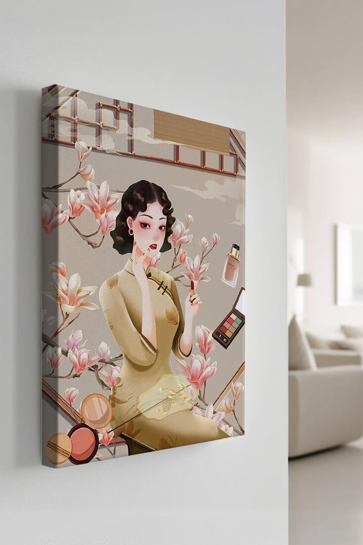 Elegant illustration of a woman with makeup and magnolia flowers