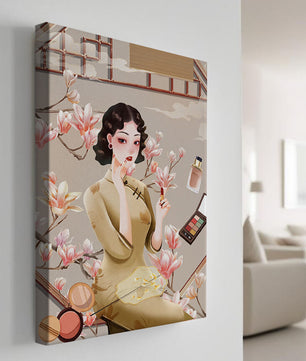 Elegant illustration of a woman with makeup and magnolia flowers