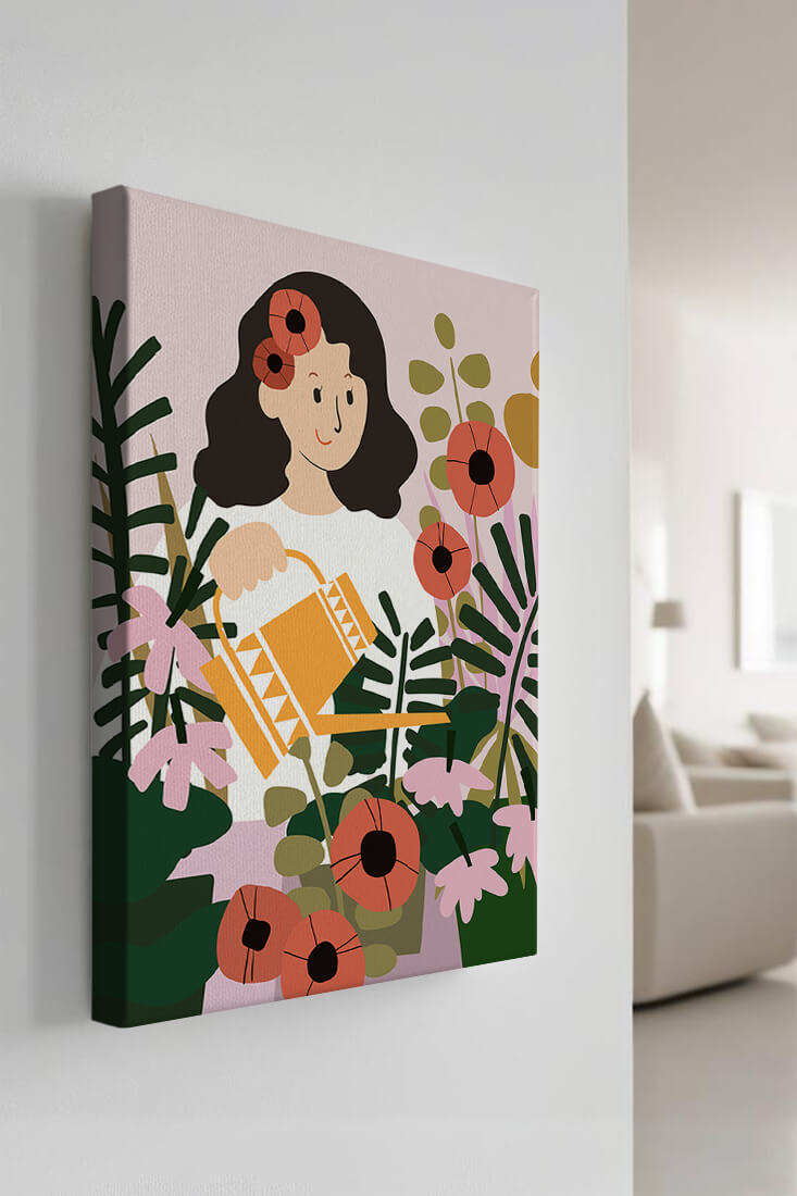Woman watering plants surrounded by vibrant flowers and greenery