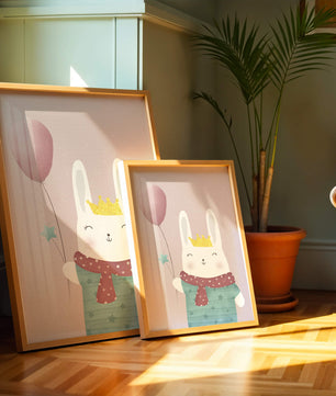 Ilustración adorable de un conejo con globo rosa y corona dorada