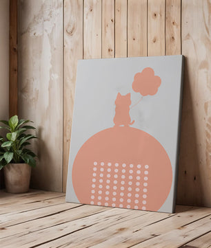 Katzensilhouette mit Ballon auf minimalistischem Kreishintergrund