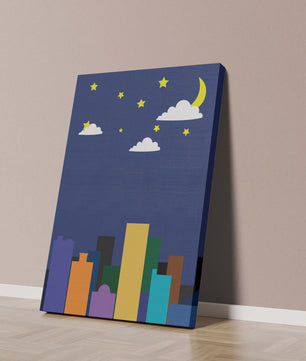 Night cityscape with colorful buildings and starry sky