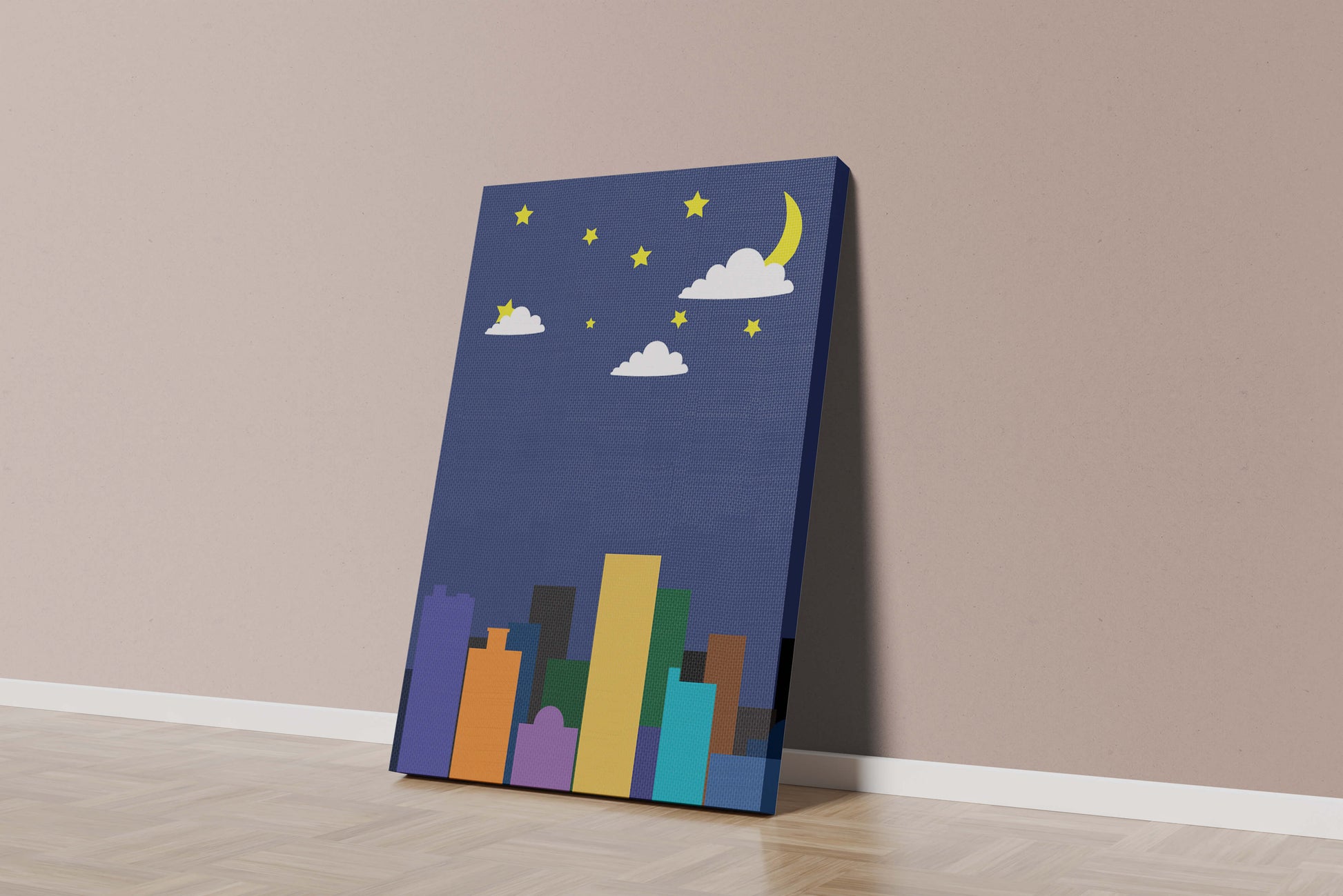 Night cityscape with colorful buildings and starry sky