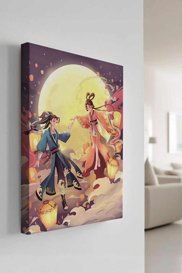 Elegant moonlit fantasy scene with traditional attire