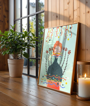 Whimsical Abstract Art of a Woman with Flowers and Streamers - Mi tienda