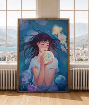 Enchanted underwater scene with girl and glowing jellyfish