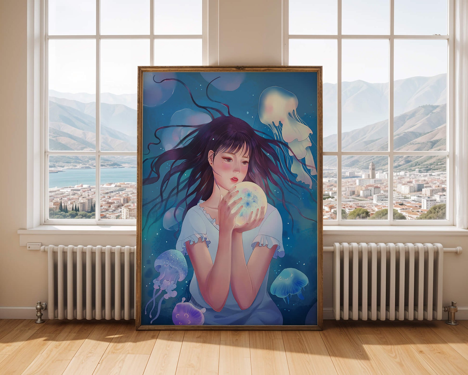 Enchanted underwater scene with girl and glowing jellyfish