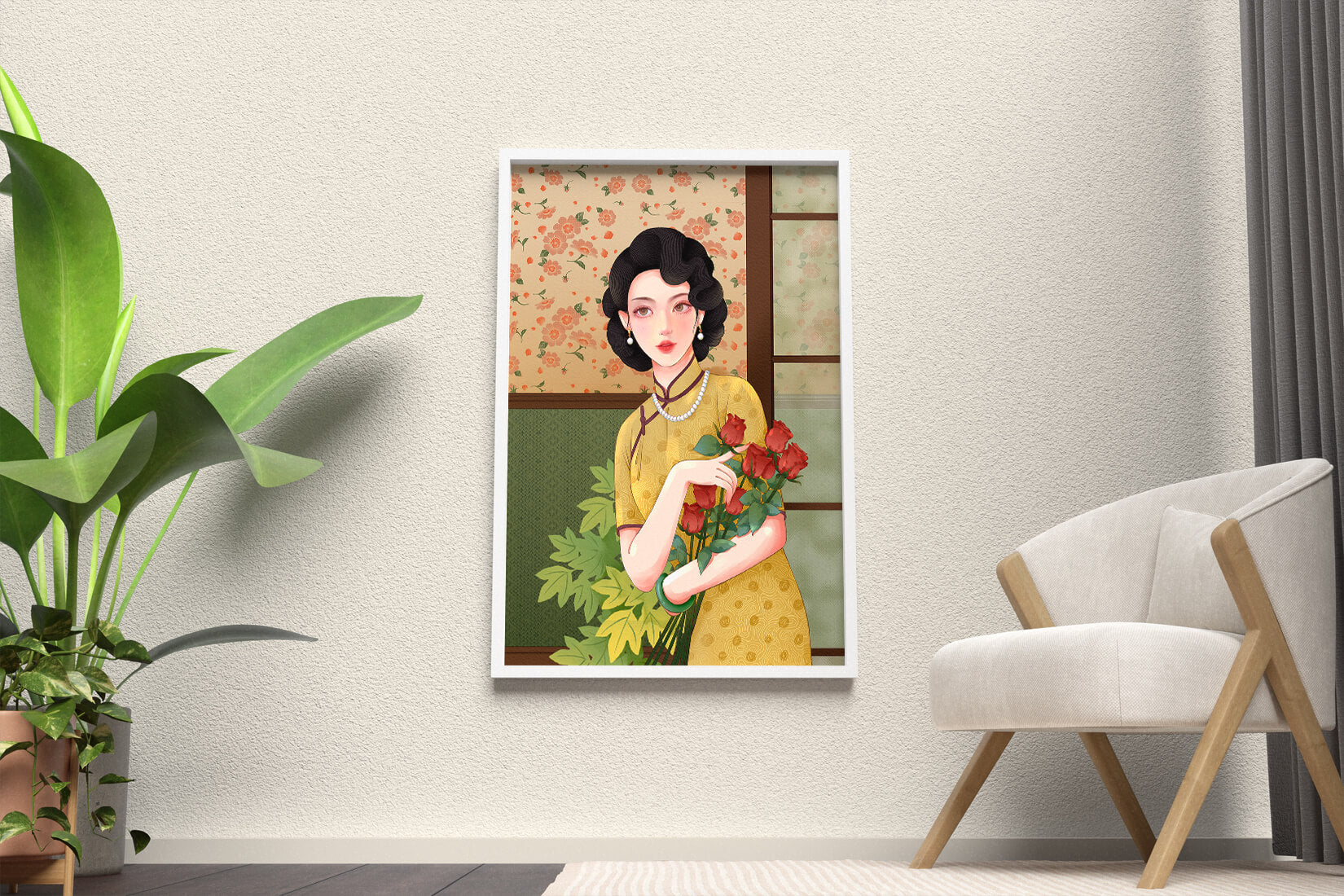 Elegant woman with floral backdrop holding a bouquet