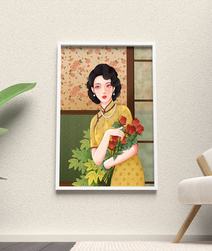 Mujer elegante con fondo floral sosteniendo un ramo