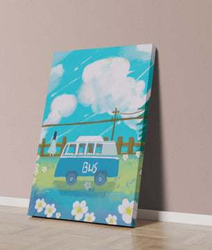 Ilustración escénica con autobús azul y prado en flor