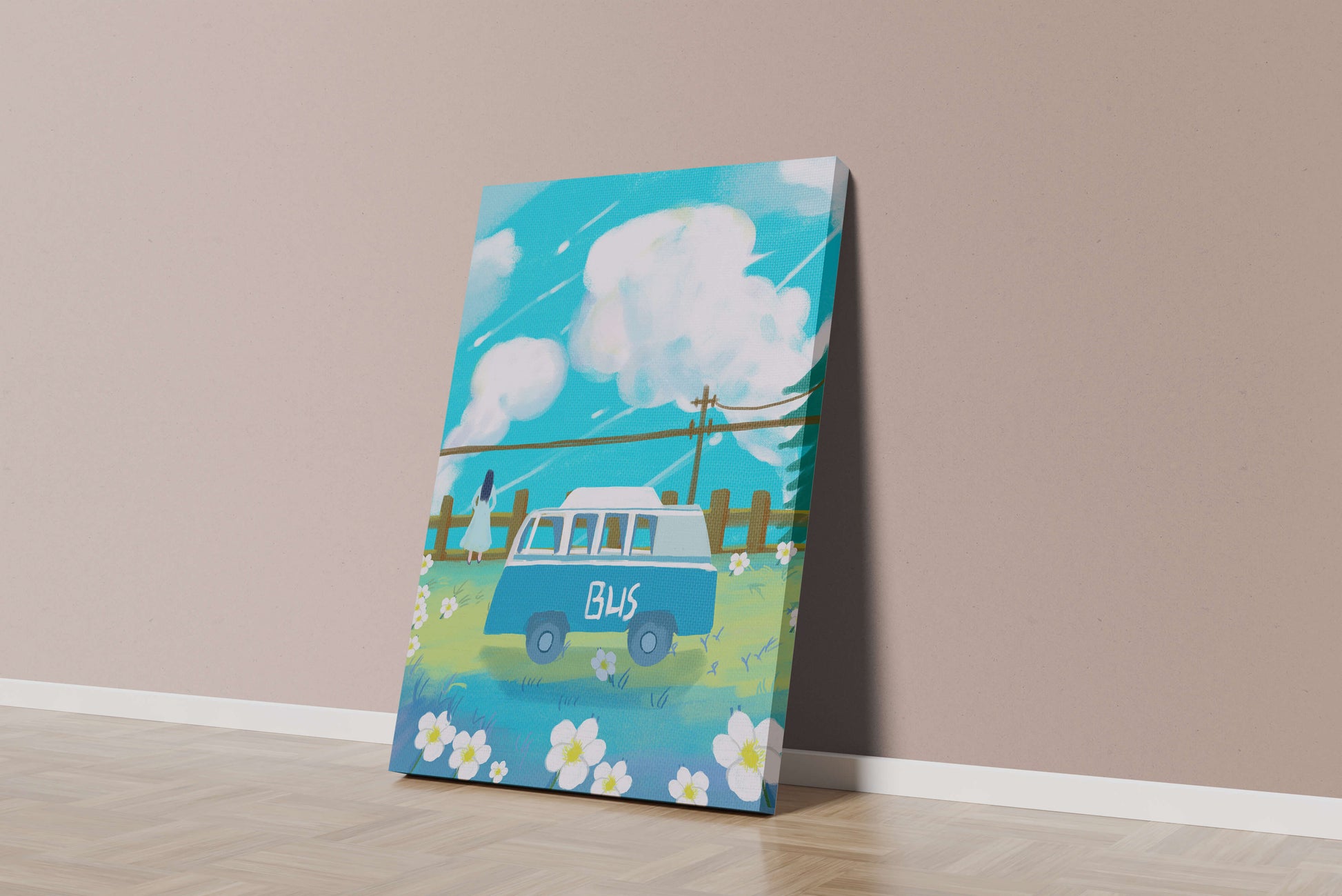 Ilustración escénica con autobús azul y prado en flor