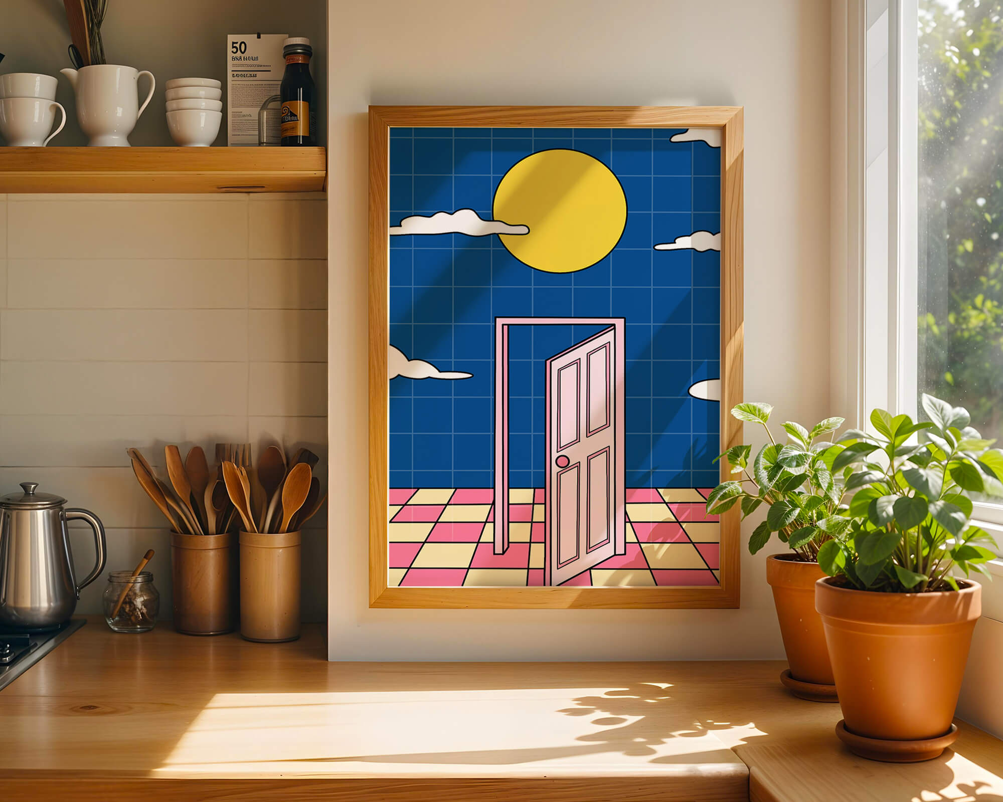 Surreal doorway with pink door under yellow sun and blue sky