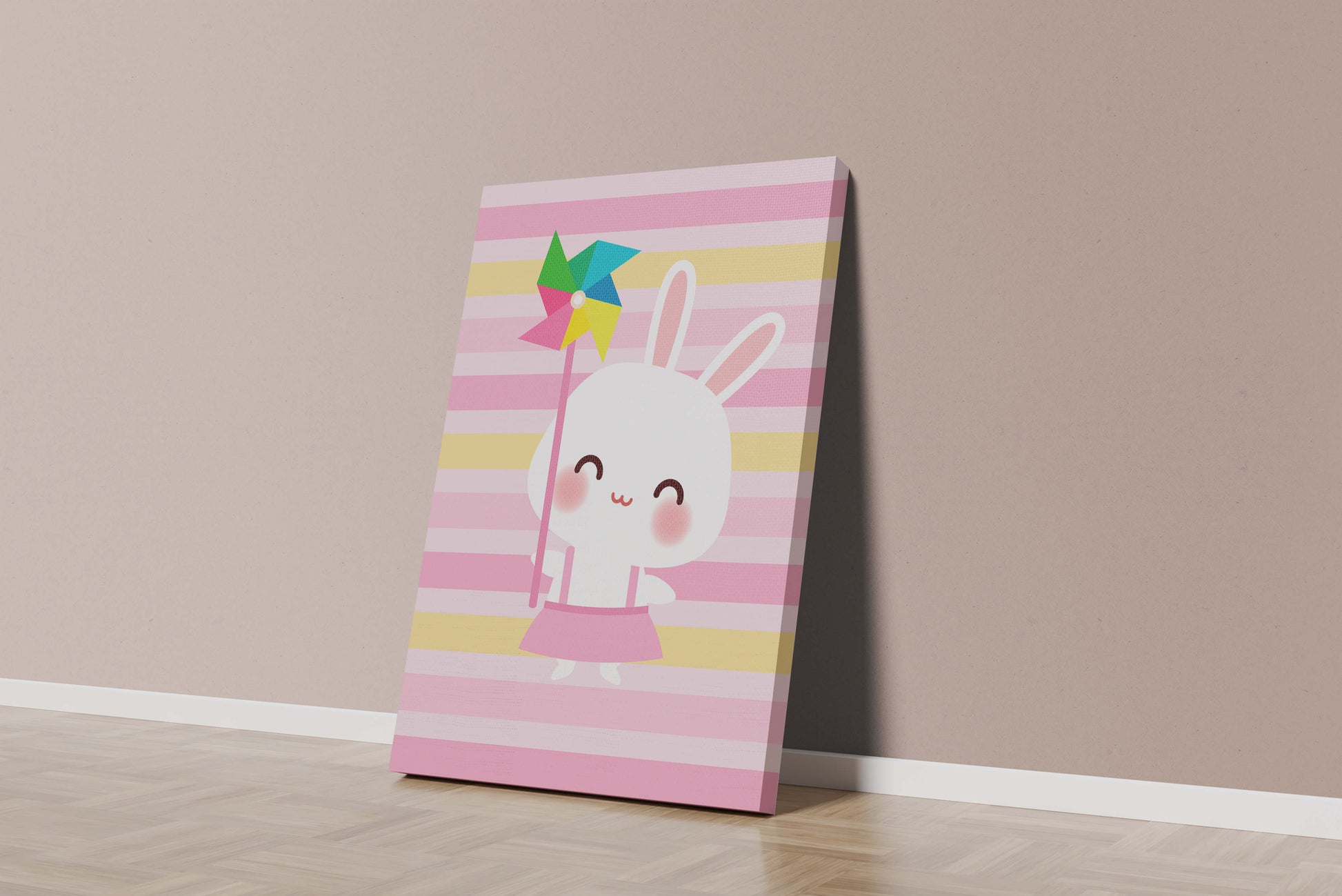 Adorable bunny with pinwheel on pastel striped backdrop