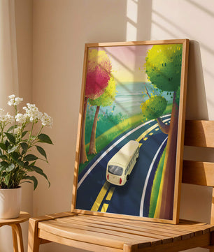 Scenic Road Trip with Vibrant Trees and Sunset