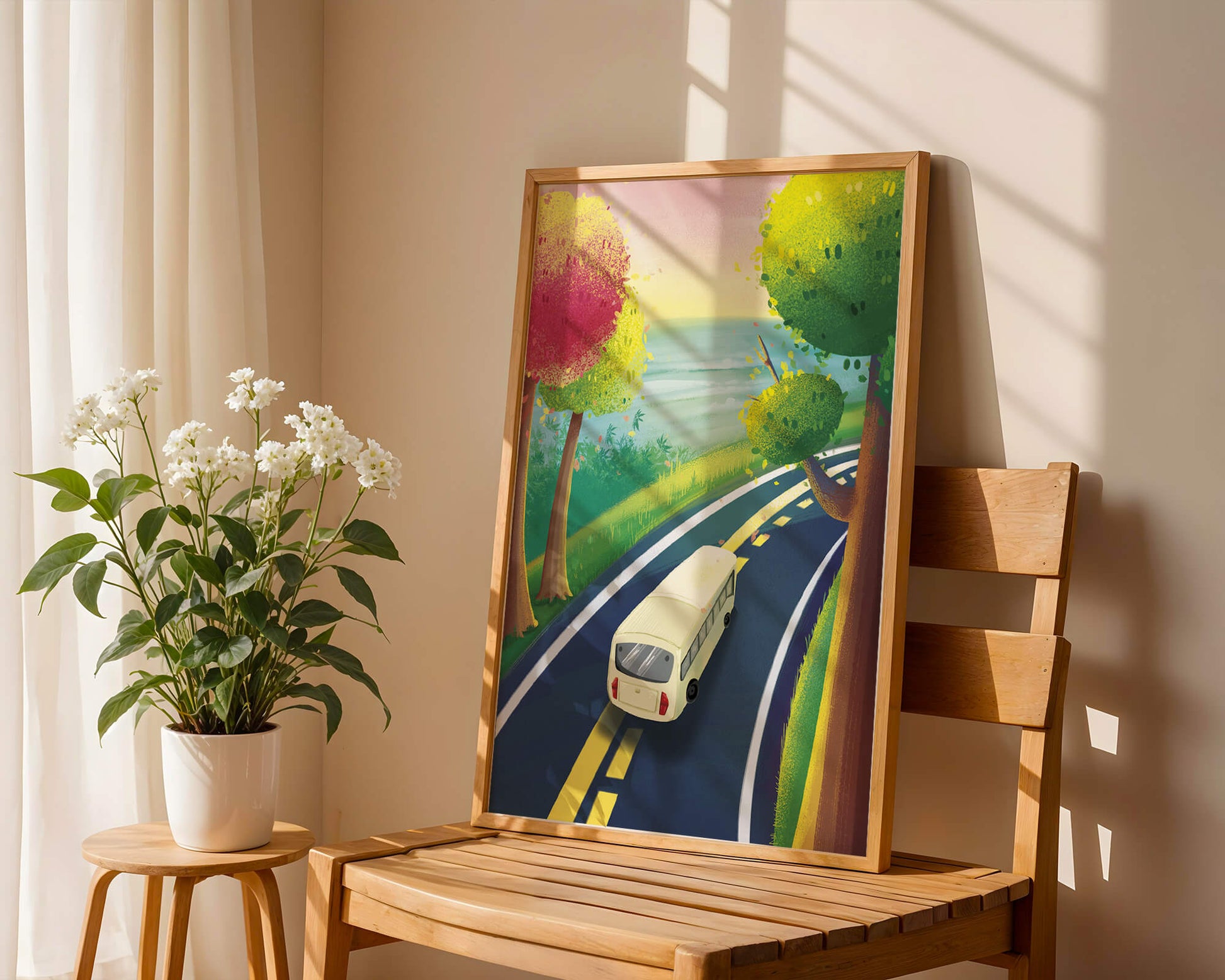 Scenic Road Trip with Vibrant Trees and Sunset