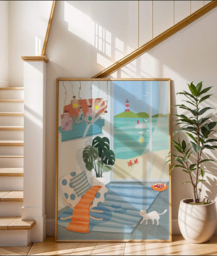 Habitación acogedora con vista al mar y faro a través de la ventana