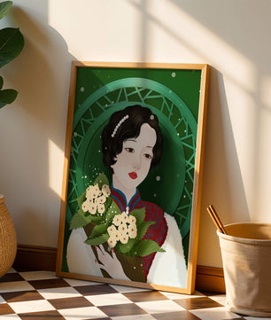 Elegant portrait of a woman with a bouquet of roses on a green abstract background