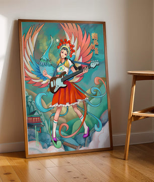 Fusión colorida de arte tradicional y moderno con un músico como protagonista