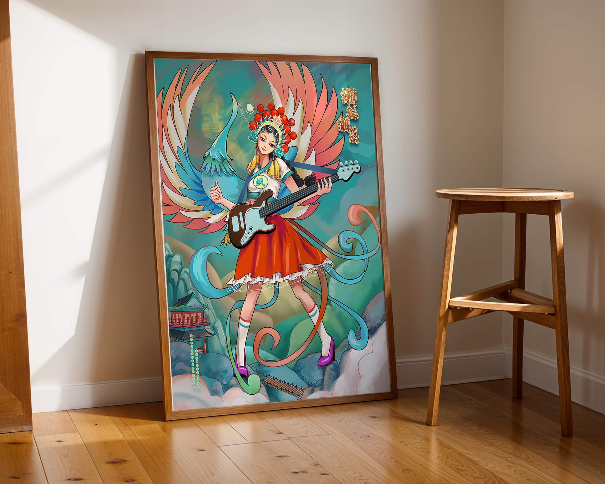 Colorful fusion of traditional and modern art featuring a musician