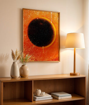 Abstract Representation of a Solar Eclipse with Vibrant Orange and Black Contrast