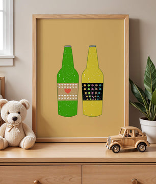 Ilustración de botellas de cerveza coloridas con etiquetas artísticas