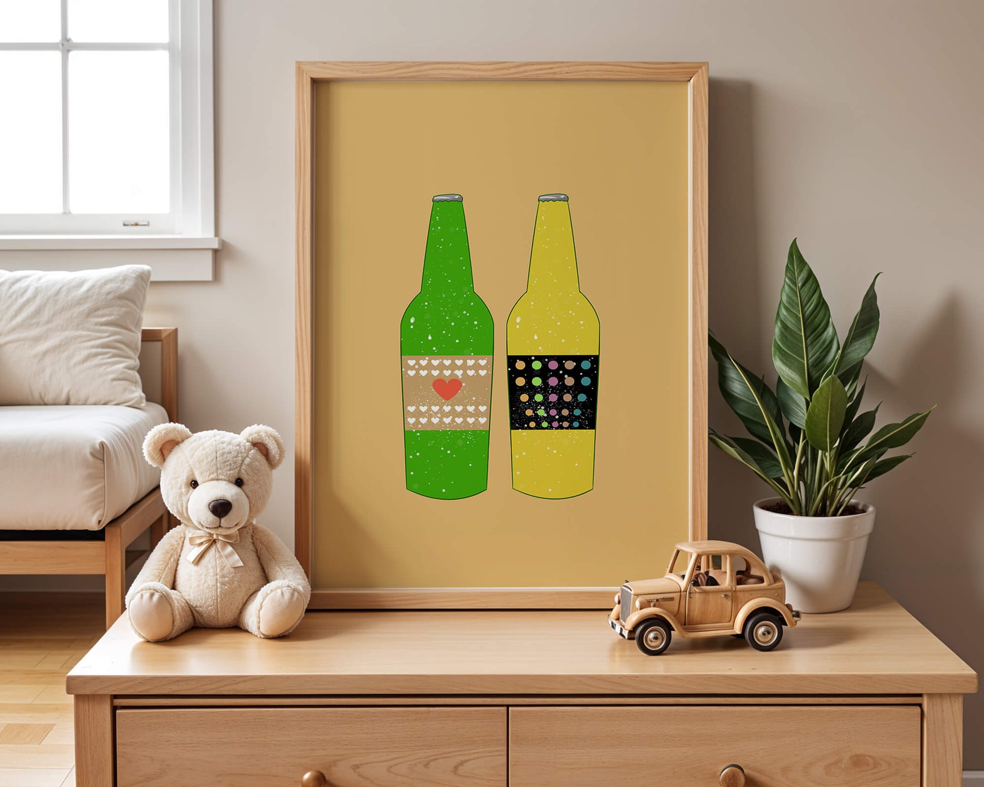 Illustration of colorful beer bottles with artistic labels