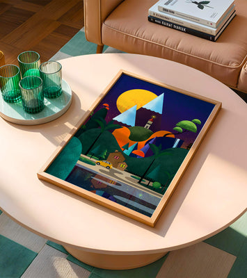 Colorful Modern Landscape with Geometric Elements and A House by The Lake Under The Night Sky