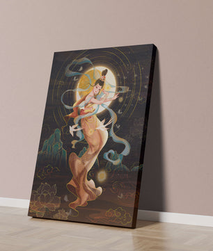 Elegant celestial dancer with gold elements in an ethereal fantasy scene