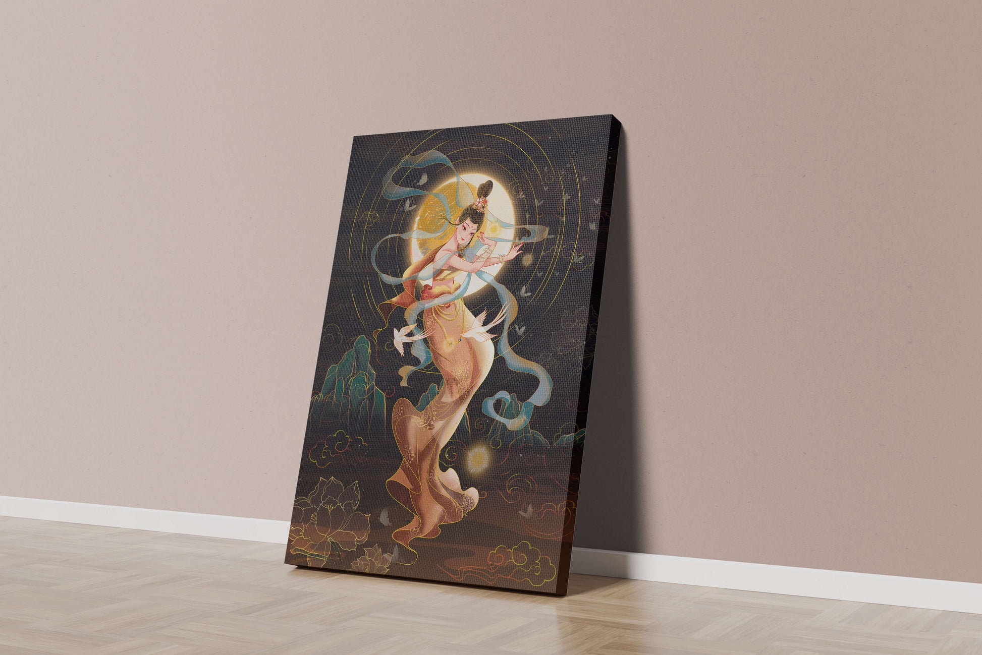 Elegant celestial dancer with gold elements in an ethereal fantasy scene