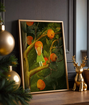 Little Girl Picking Oranges on a Starry Night