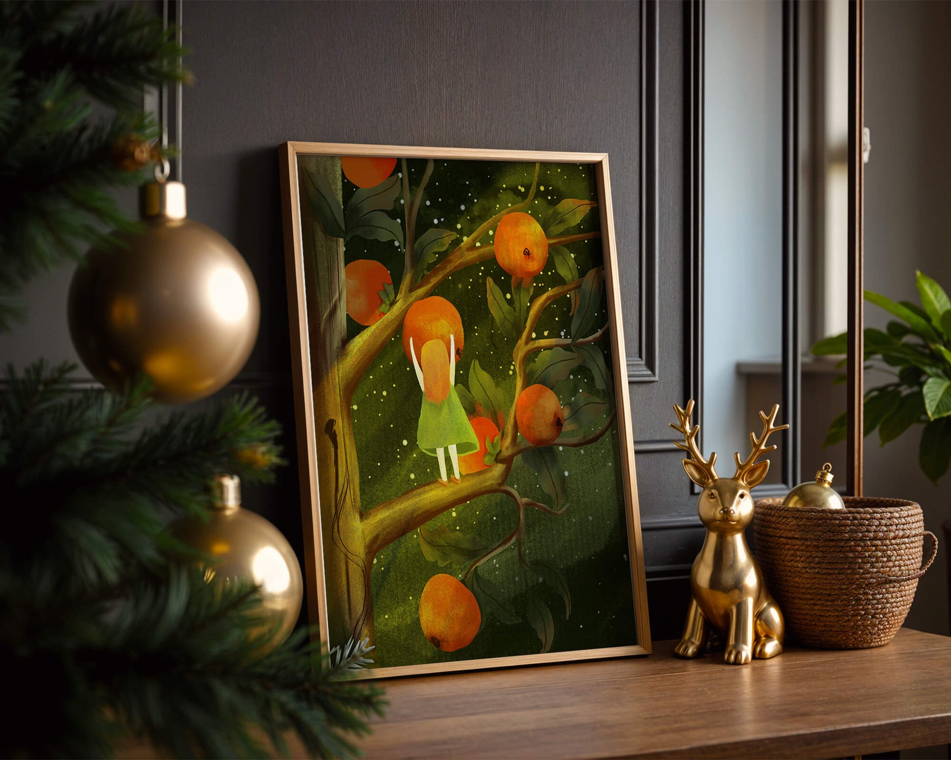Little Girl Picking Oranges on a Starry Night