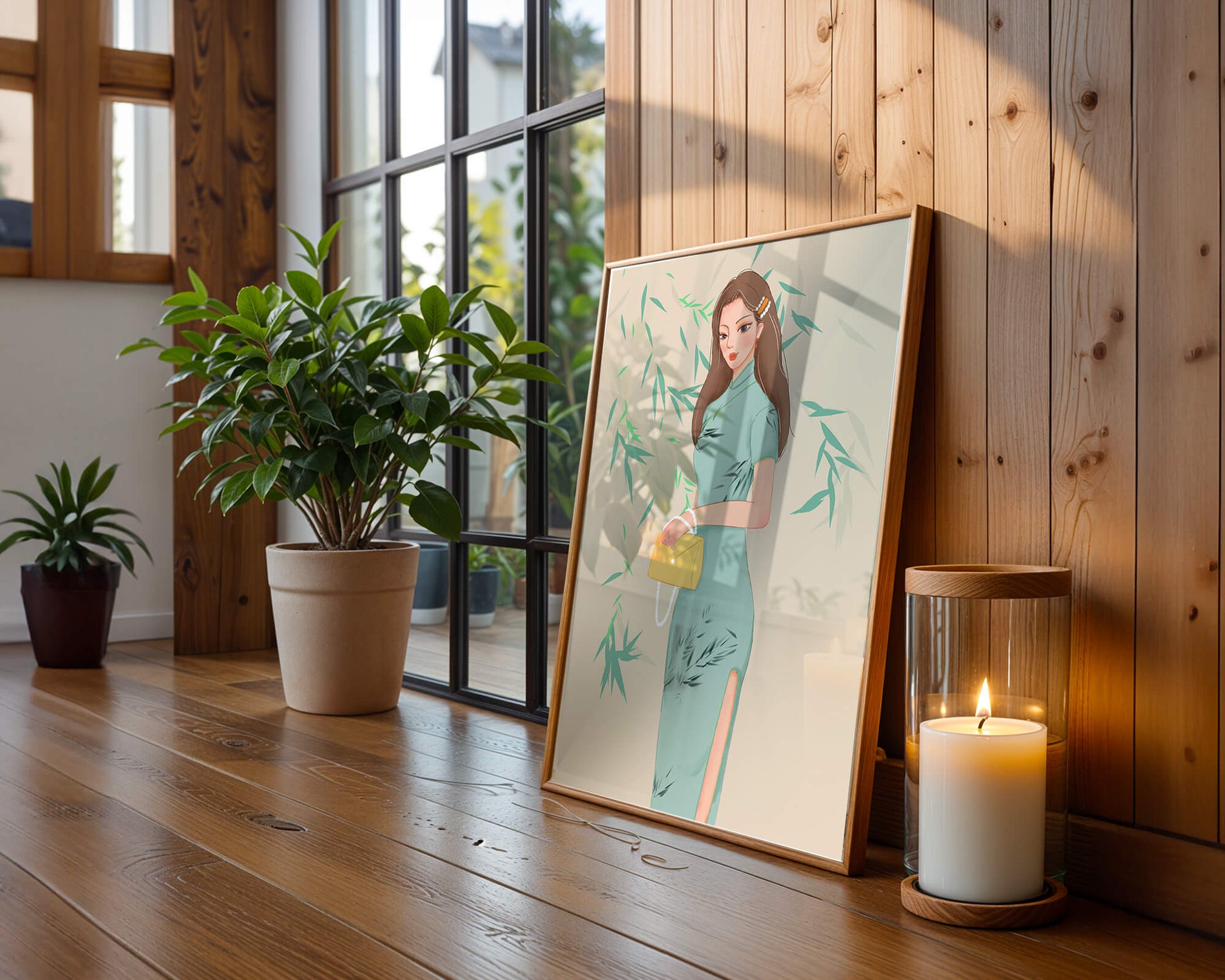 Mujer elegante con vestimenta tradicional sosteniendo un bolso amarillo con fondo de bambú