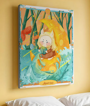 Aquarius zodiac illustration with whimsical character and vibrant colors