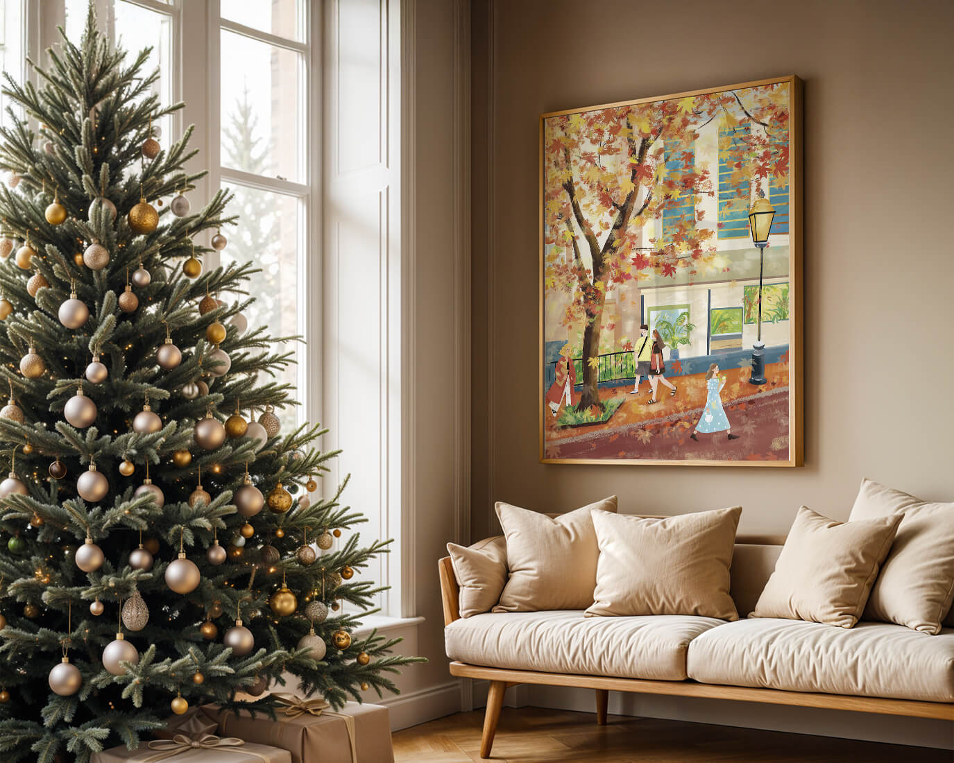 Calle de la ciudad en otoño con hojas coloridas y personas caminando