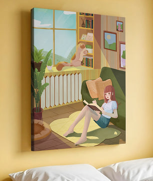 Cozy Living Room with a Reading Girl and Cat by the Window